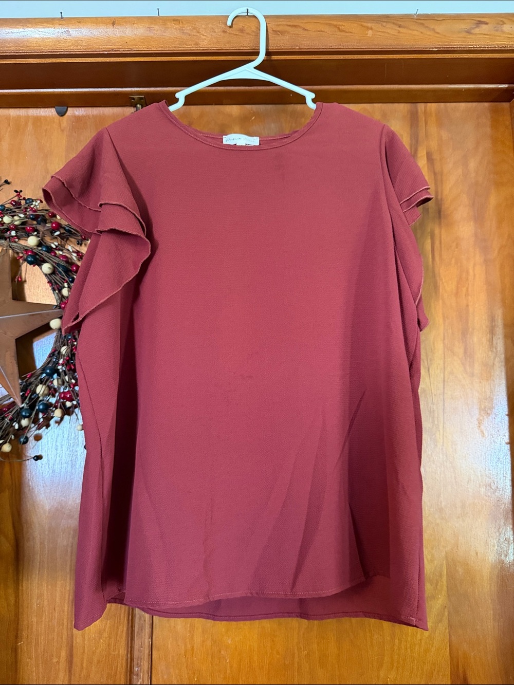Ruffle Sleeve Blouse in Brick Red — Women's Casual Top